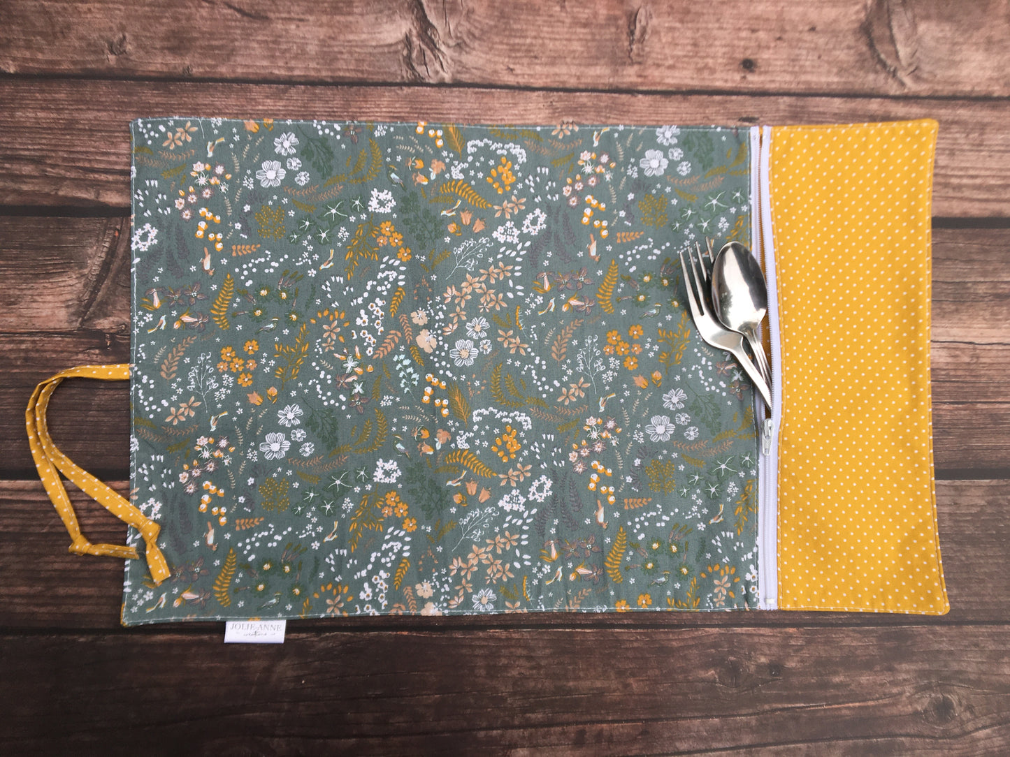 Napperon floral pois, napperon avec pochette, lunch, zéro-déchet, idée cadeau, napperon réutilisable